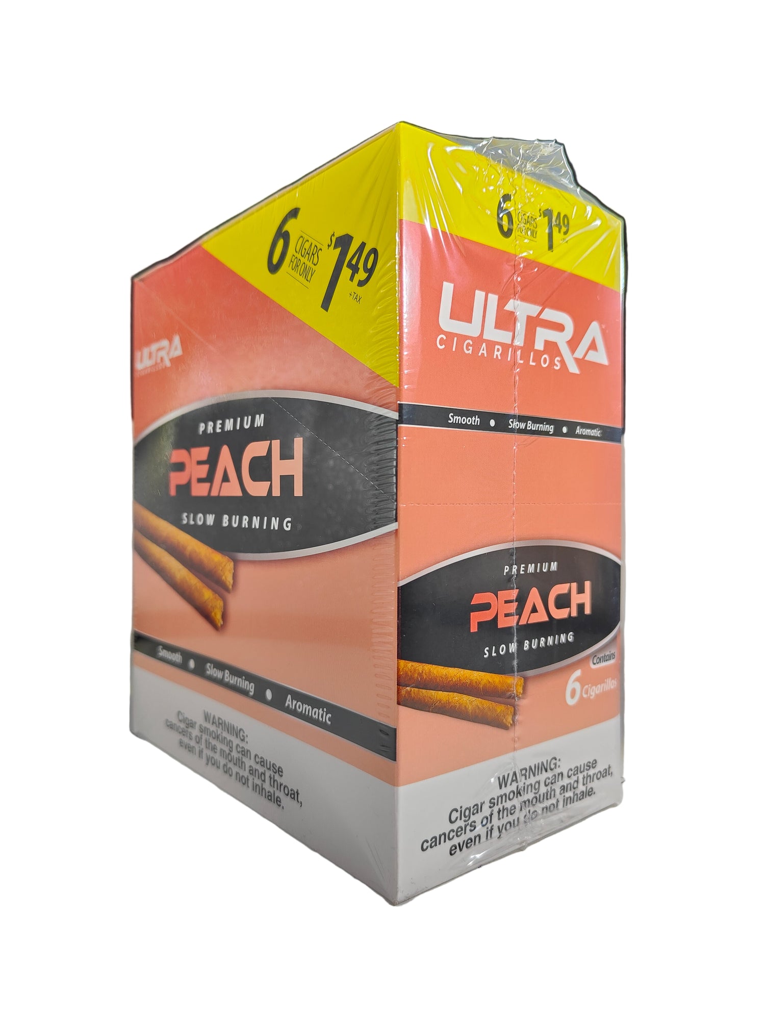Front view of the Ultra Premium Peach cigarillos box in warm orange and gold. These premium machine-made cigarillos come in a wholesale 15-count box of 6-packs, perfect for keeping retail counter displays fully stocked.