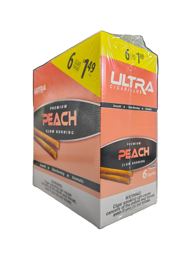 Front view of the Ultra Premium Peach cigarillos box in warm orange and gold. These premium machine-made cigarillos come in a wholesale 15-count box of 6-packs, perfect for keeping retail counter displays fully stocked.