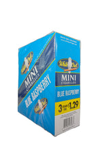Angled overhead view of the White Owl Mini Blue Raspberry cigarillos box in vibrant blue and white. These popular machine-made mini cigarillos come in a wholesale 15-count box of 3-packs, providing a quick, flavorful smoke ideal for retail counter displays.
