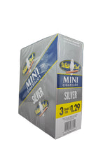 Front view of the White Owl Mini Silver cigarillos box in sleek silver and white. These popular machine-made mini cigarillos come in a wholesale 15-count box of 3-packs, providing a quick, flavorful smoke ideal for retail counter displays.