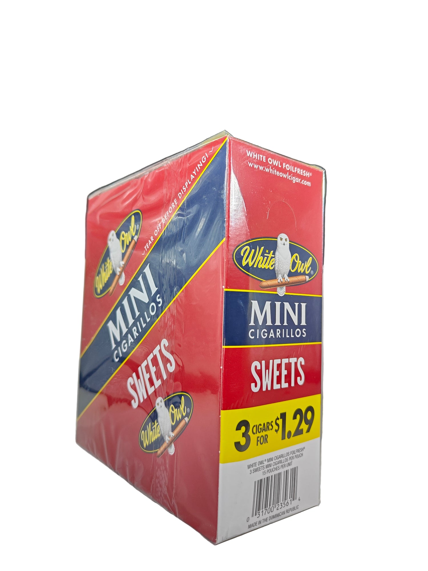 Angled front view of the White Owl Mini Sweets cigarillos box in classic red and white. These popular machine-made mini cigarillos come in a wholesale 15-count box of 3-packs, providing a quick, flavorful smoke ideal for retail counter displays.