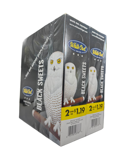 Angled front view of the White Owl Slow Burn Black Sweets cigarillos box in solid black and white. These popular slow-burning cigarillos come in a wholesale 30-count box of 2-packs, perfect for keeping retail counter displays fully stocked.