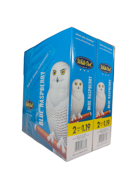 Front view of the White Owl Slow Burn Blue Raspberry cigarillos box in bright blue and white. These popular slow-burning cigarillos come in a wholesale 30-count box of 2-packs, perfect for keeping retail counter displays fully stocked.
