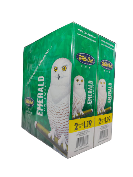 Angled overhead view of the White Owl Slow Burn Emerald Un-Sweet cigarillos box in deep emerald green and white. These popular slow-burning cigarillos come in a wholesale 30-count box of 2-packs, perfect for keeping retail counter displays fully stocked.