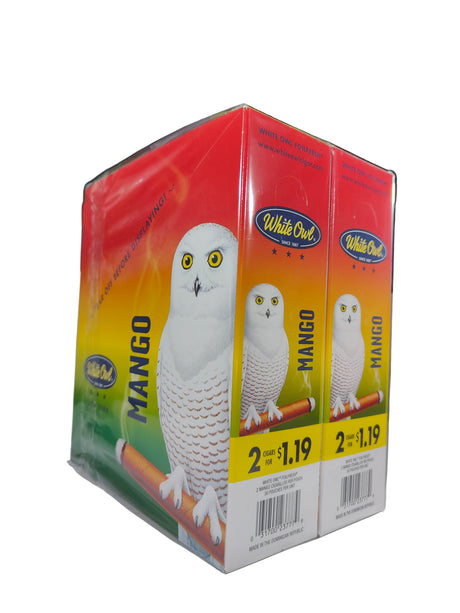 Angled front view of the White Owl Slow Burn Mango cigarillos box in vibrant orange and white. These popular slow-burning cigarillos come in a wholesale 30-count box of 2-packs, perfect for keeping retail counter displays fully stocked.