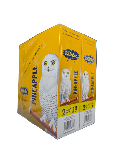 Front view of the White Owl Slow Burn Pineapple cigarillos box in bright yellow and white. These popular slow-burning cigarillos come in a wholesale 30-count box of 2-packs, perfect for keeping retail counter displays fully stocked.