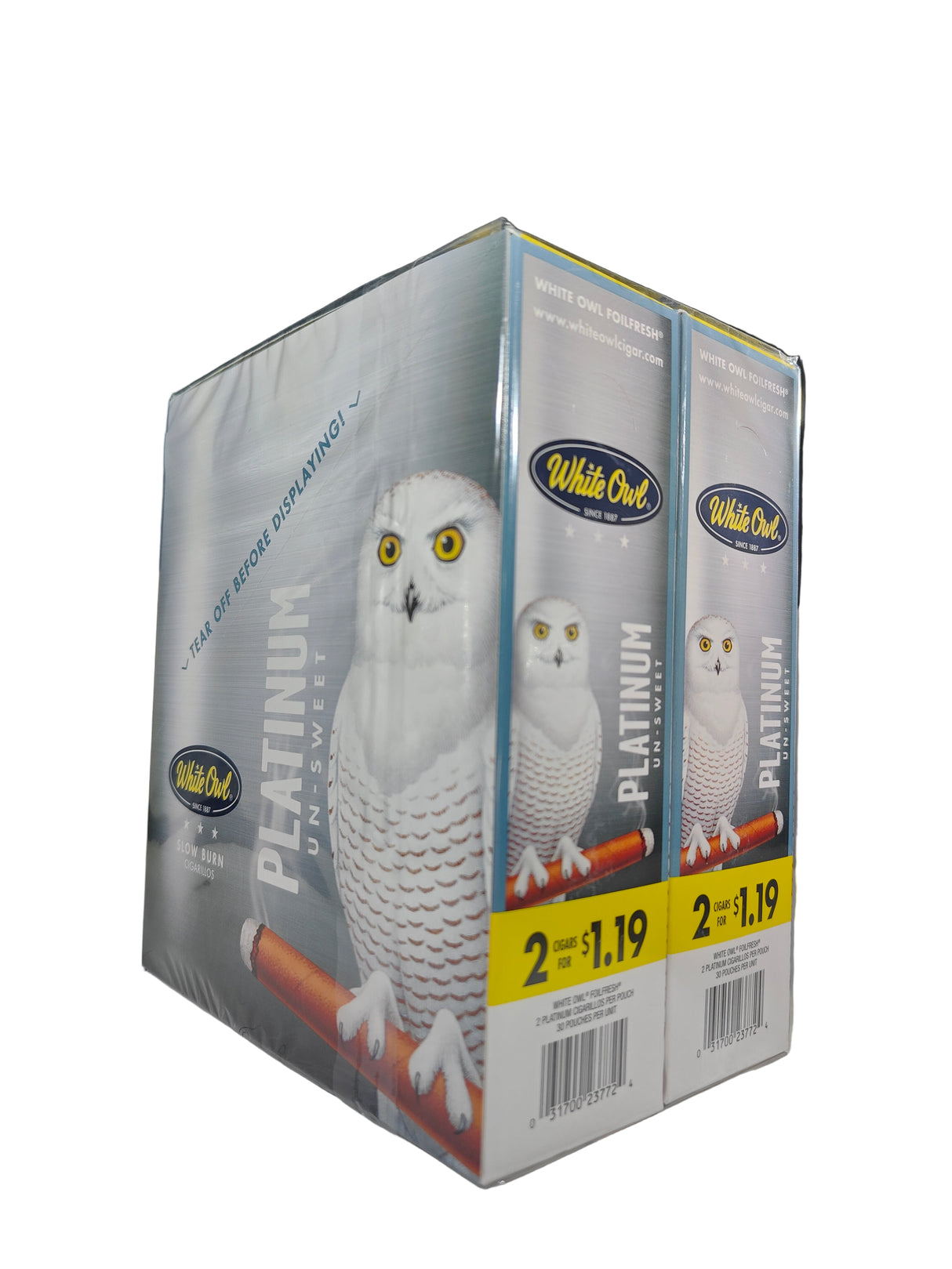Front view of the White Owl Slow Burn Platinum Un-Sweet cigarillos box in metallic platinum-silver and white. These popular slow-burning cigarillos come in a wholesale 30-count box of 2-packs, perfect for keeping retail counter displays fully stocked.