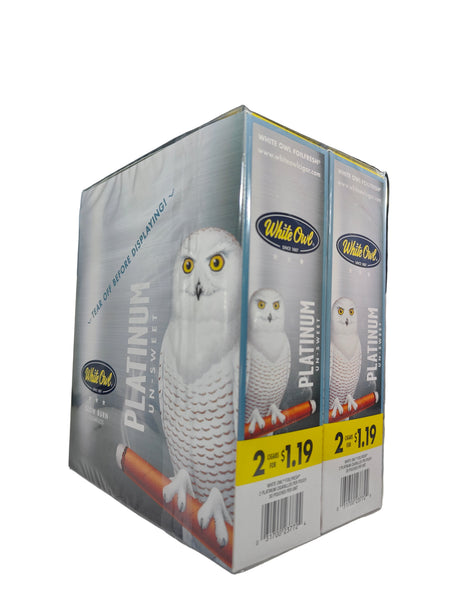 Front view of the White Owl Slow Burn Platinum Un-Sweet cigarillos box in metallic platinum-silver and white. These popular slow-burning cigarillos come in a wholesale 30-count box of 2-packs, perfect for keeping retail counter displays fully stocked.