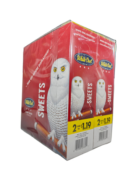 Angled front view of the White Owl Slow Burn Sweets cigarillos box in classic red and white. These popular slow-burning cigarillos come in a wholesale 30-count box of 2-packs, perfect for keeping retail counter displays fully stocked.