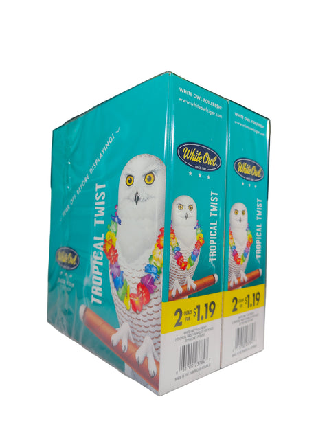 Front view of the White Owl Slow Burn Tropical Twist cigarillos box in vibrant pink and white. These popular slow-burning cigarillos come in a wholesale 30-count box of 2-packs, perfect for keeping retail counter displays fully stocked.
