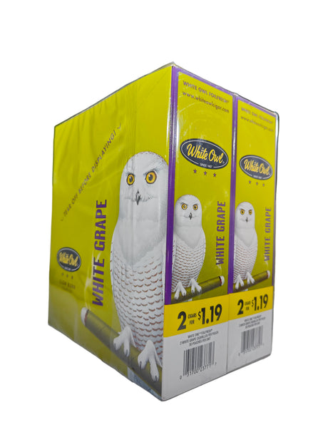 Angled front view of the White Owl Slow Burn White Grape cigarillos box in light green and white. These popular slow-burning cigarillos come in a wholesale 30-count box of 2-packs, perfect for keeping retail counter displays fully stocked.