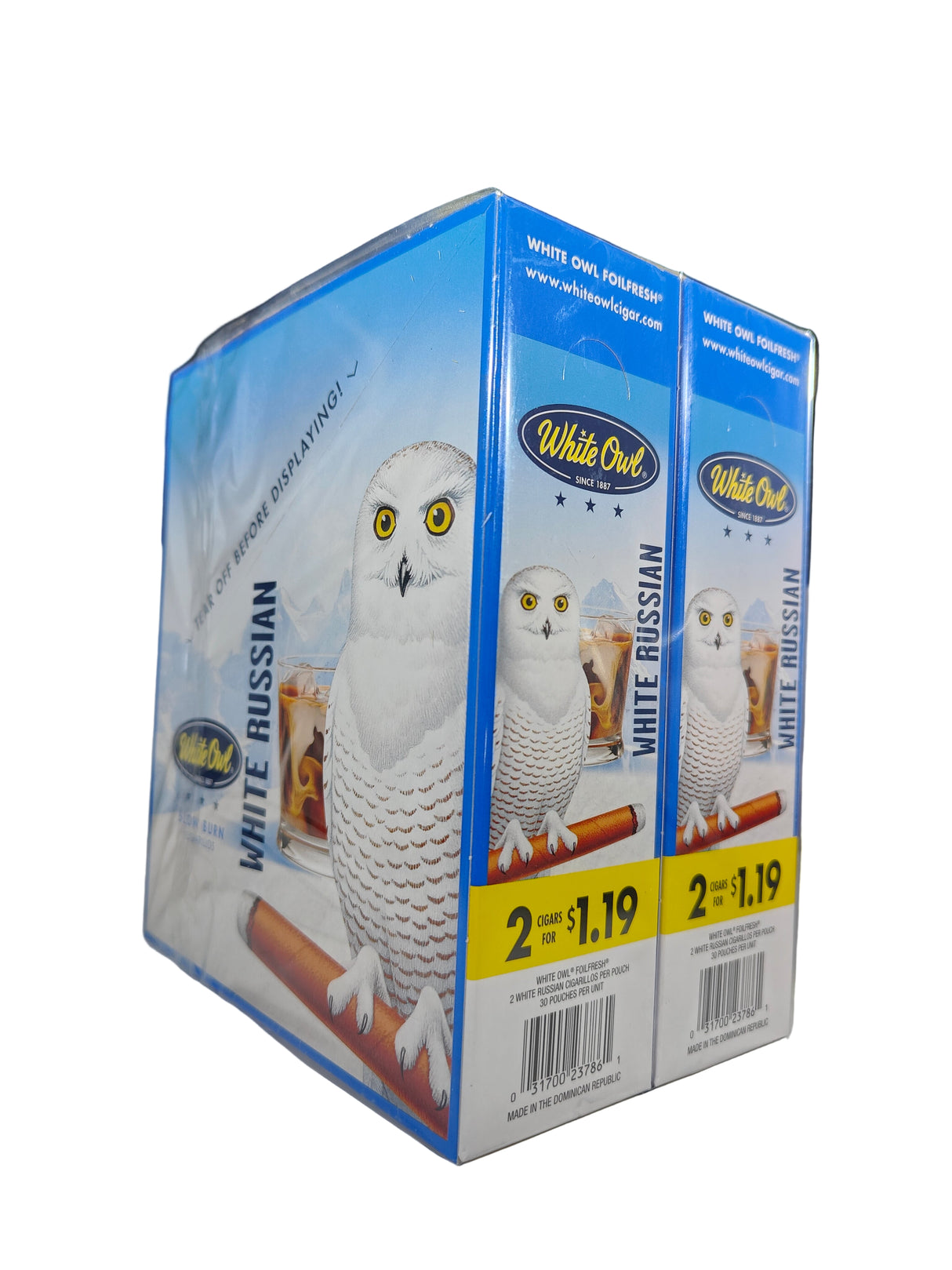 Angled overhead view of the White Owl Slow Burn White Russian cigarillos box in creamy off-white and brown. These popular slow-burning cigarillos come in a wholesale 30-count box of 2-packs, perfect for keeping retail counter displays fully stocked.