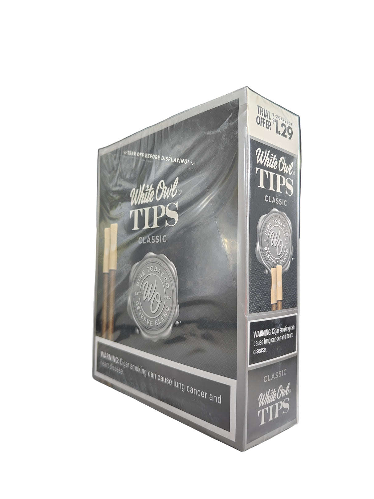 Front view of the White Owl Tips Classic pipe tobacco cigarillos box in traditional brown and black. These premium tipped machine-made cigarillos come in a wholesale 15-count box of 2-packs, providing a smooth draw ideal for retail counter displays.