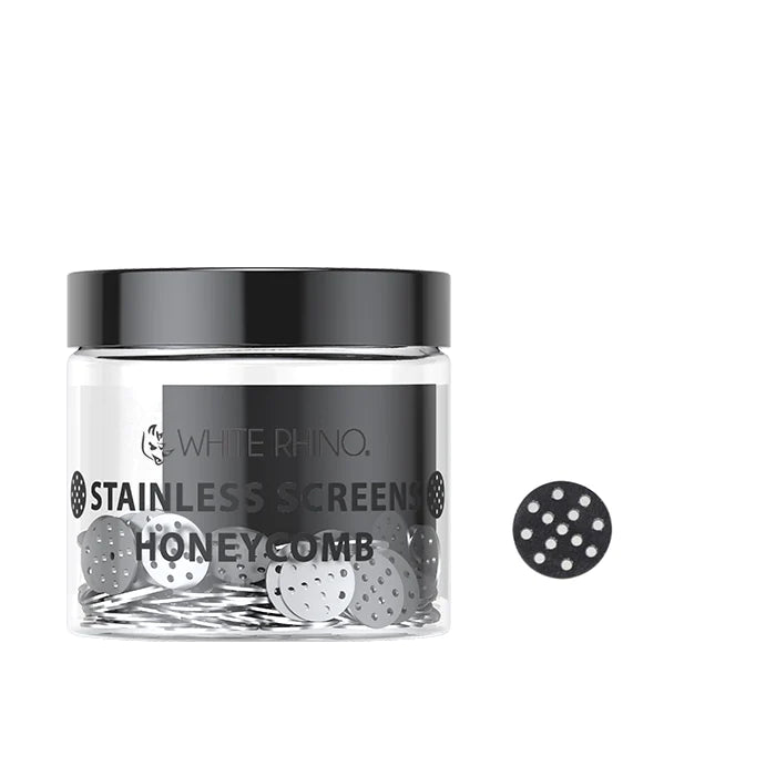 Front view of the White Rhino Honeycomb Screens 100-count retail jar in clear plastic with a black lid. This bulk container displays reusable filtration discs designed to drop directly into dry herb bowls to prevent ash pull-through.