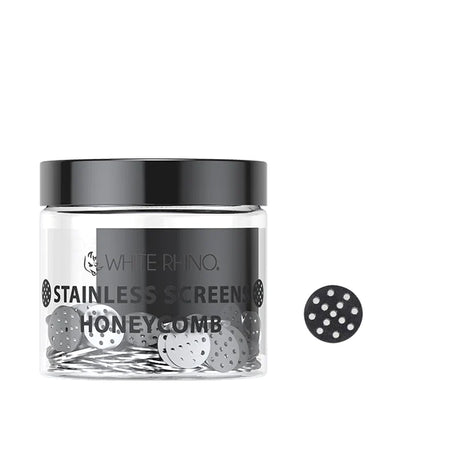 Front view of the White Rhino Honeycomb Screens 100-count retail jar in clear plastic with a black lid. This bulk container displays reusable filtration discs designed to drop directly into dry herb bowls to prevent ash pull-through.