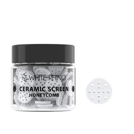 Front view of the White Rhino Honeycomb Screens 100-count retail jar in clear plastic with a black lid. This bulk container displays reusable filtration discs designed to drop directly into dry herb bowls to prevent ash pull-through.