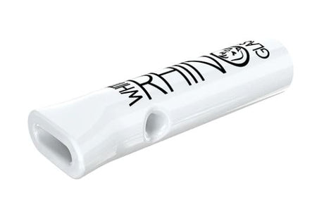 Front view of the White Rhino 1.5-inch ceramic tip featuring a flat mouthpiece design in clean white. This 9mm wide flat mouth tip is engineered for comfortable draw ergonomics when using dry herb.