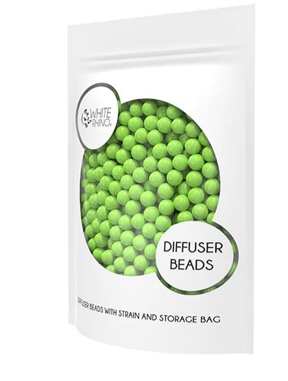 Front view of the White Rhino Diffuser Beads in multi-colored plastic packaging. These reusable non-toxic beads sit at the base of the water chamber to physically disrupt vapor for an actively cooled draw, and include a strainer pouch for rapid cleaning.