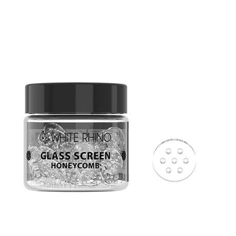 Front view of the White Rhino Honeycomb Screens 100-count retail jar in clear plastic with a black lid. This bulk container displays reusable filtration discs designed to drop directly into dry herb bowls to prevent ash pull-through.