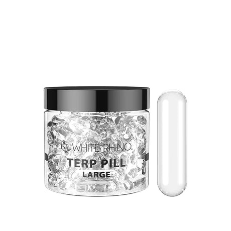 Front view of the White Rhino Terp Pill 50-count retail container in clear glass with a black lid. This bulk jar houses spinning quartz inserts designed to increase surface area and maximize vaporization efficiency inside bangers.