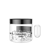 Front view of the White Rhino Terp Pill 50-count retail container in clear glass with a black lid. This bulk jar houses spinning quartz inserts designed to increase surface area and maximize vaporization efficiency inside bangers.