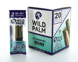 Front view of the Wild Palm Minis pre-rolled cones 20-count display box in cyan and dark blue. These slow-burning, tobacco-free wraps are pre-rolled for immediate packing and hassle-free retail display.