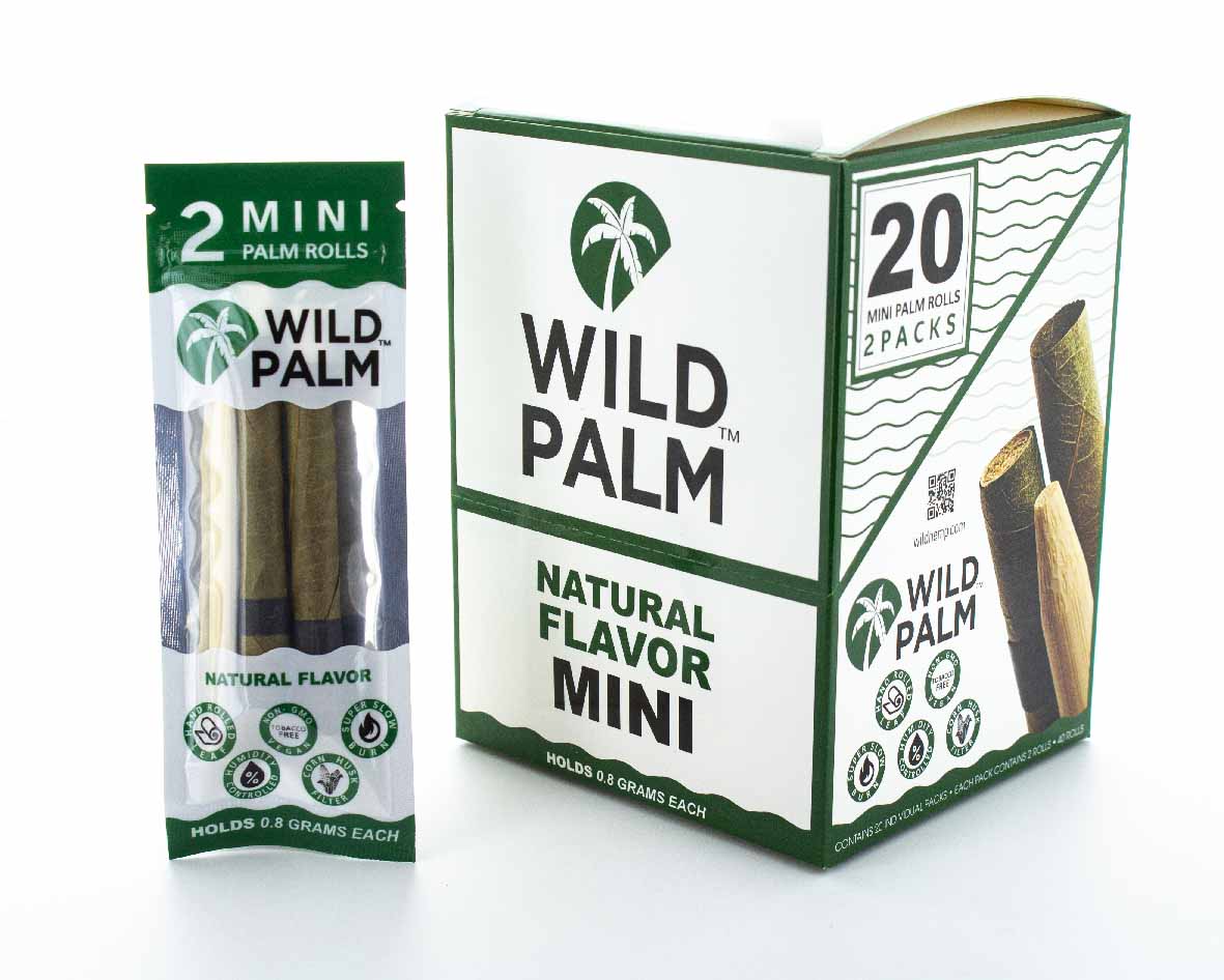Front view of the Wild Palm Minis pre-rolled cones 20-count display box in natural white and green. These slow-burning, tobacco-free wraps are pre-rolled for immediate packing and hassle-free retail display.