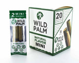 Front view of the Wild Palm Minis pre-rolled cones 20-count display box in natural white and green. These slow-burning, tobacco-free wraps are pre-rolled for immediate packing and hassle-free retail display.