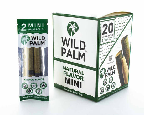Front view of the Wild Palm Minis pre-rolled cones 20-count display box in natural white and green. These slow-burning, tobacco-free wraps are pre-rolled for immediate packing and hassle-free retail display.