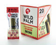 Front view of the Wild Palm Minis pre-rolled cones 20-count display box in natural red and green. These slow-burning, tobacco-free wraps are pre-rolled for immediate packing and hassle-free retail display.