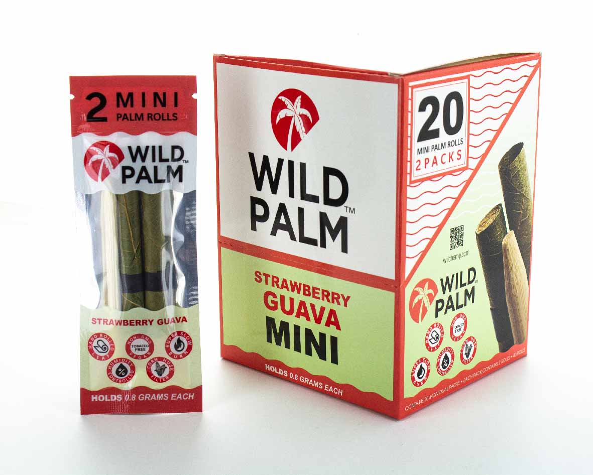 Front view of the Wild Palm Minis pre-rolled cones 20-count display box in natural red and green. These slow-burning, tobacco-free wraps are pre-rolled for immediate packing and hassle-free retail display.