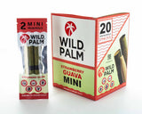 Front view of the Wild Palm Minis pre-rolled cones 20-count display box in natural red and green. These slow-burning, tobacco-free wraps are pre-rolled for immediate packing and hassle-free retail display.