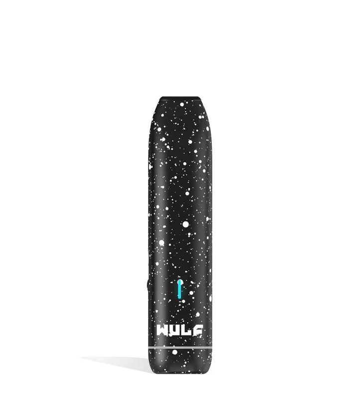 Front view of the Wulf LX Slim Dry Herb Vaporizer in black with white splatter. This 900mAh handheld thermal extraction unit features an internal ceramic heating oven and four specific thermal outputs for precise material processing.