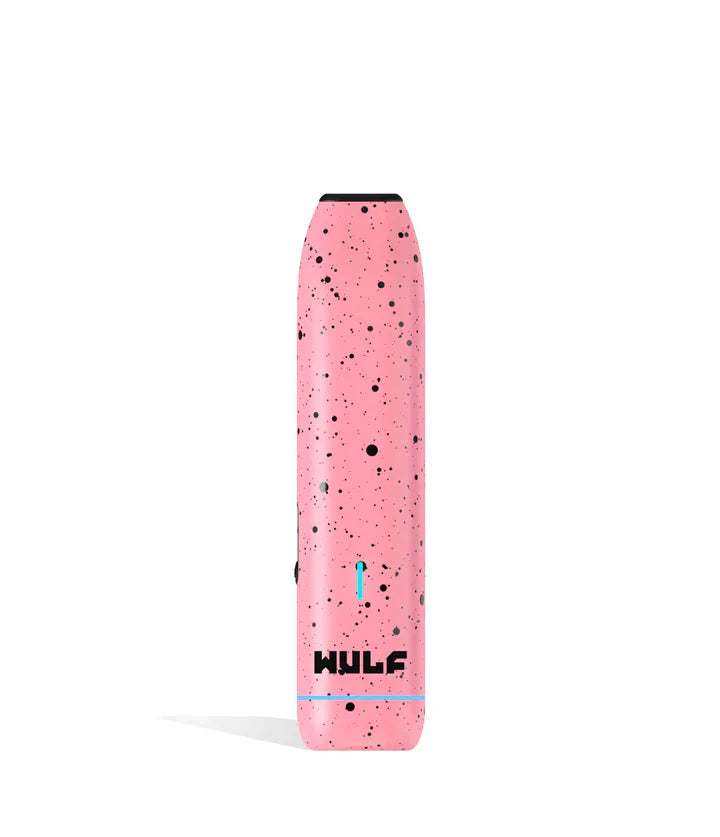 Front view of the Wulf LX Slim Dry Herb Vaporizer in pink with black splatter. This 900mAh handheld thermal extraction unit features an internal ceramic heating oven and four specific thermal outputs for precise material processing.