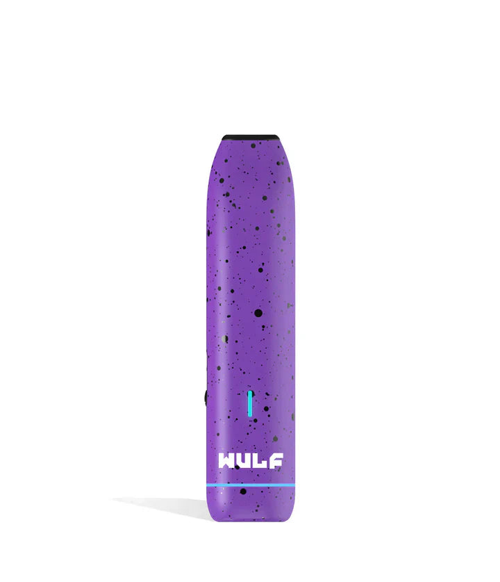Front view of the Wulf LX Slim Dry Herb Vaporizer in purple with black splatter. This 900mAh handheld thermal extraction unit features an internal ceramic heating oven and four specific thermal outputs for precise material processing.