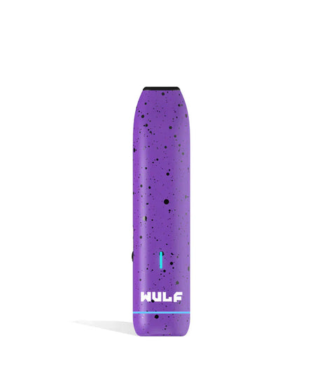 Front view of the Wulf LX Slim Dry Herb Vaporizer in purple with black splatter. This 900mAh handheld thermal extraction unit features an internal ceramic heating oven and four specific thermal outputs for precise material processing.