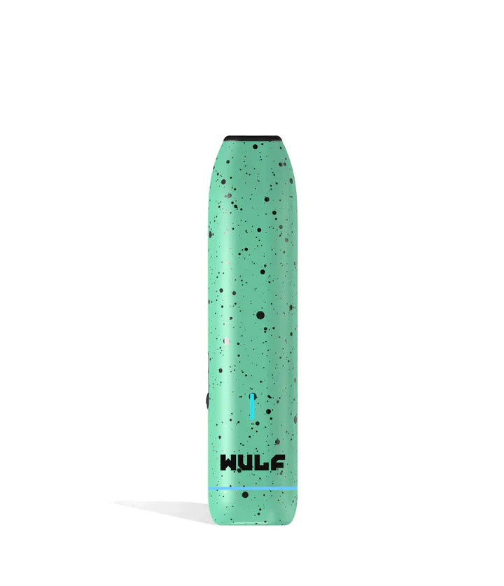 Front view of the Wulf LX Slim Dry Herb Vaporizer in teal with black splatter. This 900mAh handheld thermal extraction unit features an internal ceramic heating oven and four specific thermal outputs for precise material processing.
