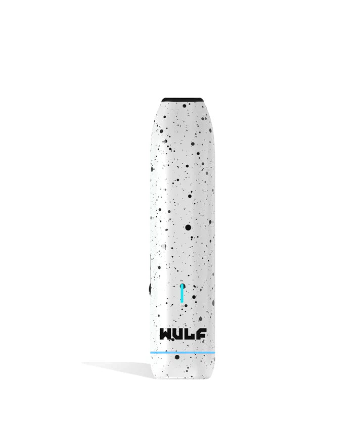 Front view of the Wulf LX Slim Dry Herb Vaporizer in white with black splatter. This 900mAh handheld thermal extraction unit features an internal ceramic heating oven and four specific thermal outputs for precise material processing.