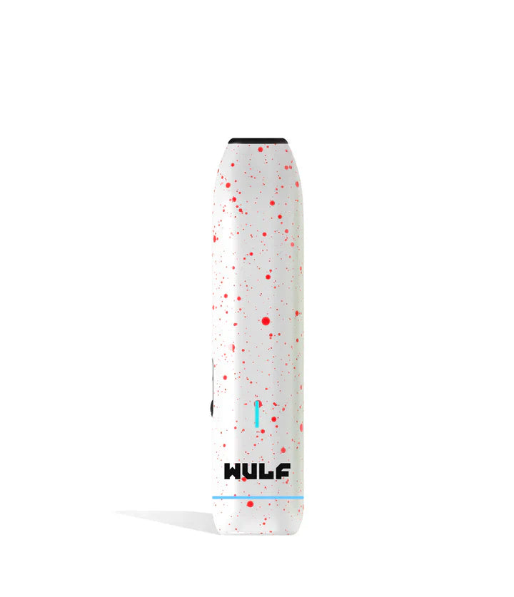 Front view of the Wulf LX Slim Dry Herb Vaporizer in white with red splatter. This 900mAh handheld thermal extraction unit features an internal ceramic heating oven and four specific thermal outputs for precise material processing.