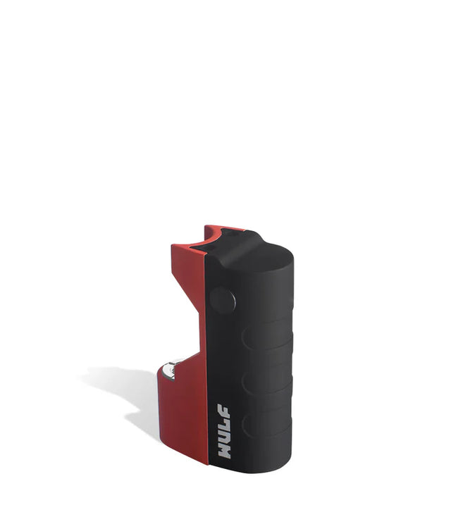 Angled view of the Wulf Micro Cartridge Vape in red. This ultra-small, two-inch tall threaded power supply features three specific thermal outputs and a widened 14mm chamber for pre-filled oil tanks.