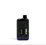Angled front view of the Wulf Mods Recon concealed cartridge vaporizer in a black and neon green spatter finish. With its stealthy concealed chamber, this variable voltage battery is the perfect companion for consuming concentrates on the down-low.