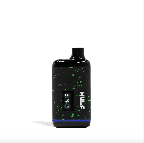 Angled front view of the Wulf Mods Recon concealed cartridge vaporizer in a black and neon green spatter finish. With its stealthy concealed chamber, this variable voltage battery is the perfect companion for consuming concentrates on the down-low.