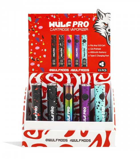 Angled overhead view of the Wulf Pro OLED 510 Battery 15-count retail display box showing a variety of assorted colors. This premium variable voltage vaporizer battery features a crisp OLED screen to monitor settings and comes perfectly packaged for smoke shop retail counters.