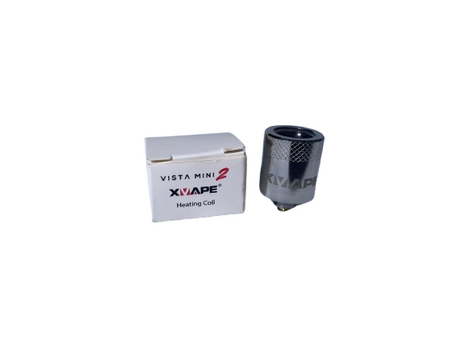 Front angled view of the XVAPE Vista Mini 2 Heating Coil in silver metallic and clear quartz. This 510-threaded replacement features a quartz bucket surface positioned directly above an isolated metal alloy heater to physically separate concentrate materials from the electrical pathways.
