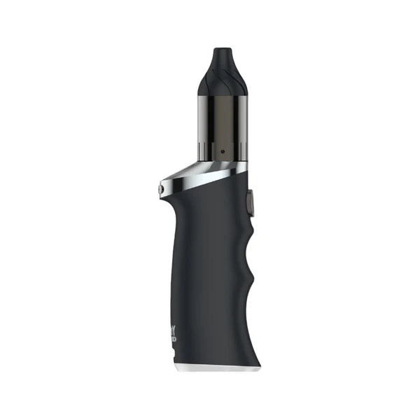 Front view of the Yocan Black Phaser Ace Concentrate Kit in matte black. This handheld wax vaporizer features a comfortable pistol-style hand grip and quick control buttons designed for seamless extract vaporization.