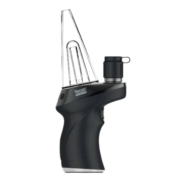 Front view of the Yocan Black Phaser Max E-Rig in matte black. This portable electric dab rig features an ergonomic pistol grip and an integrated glass water bubbler to filter and cool vapor from concentrates.