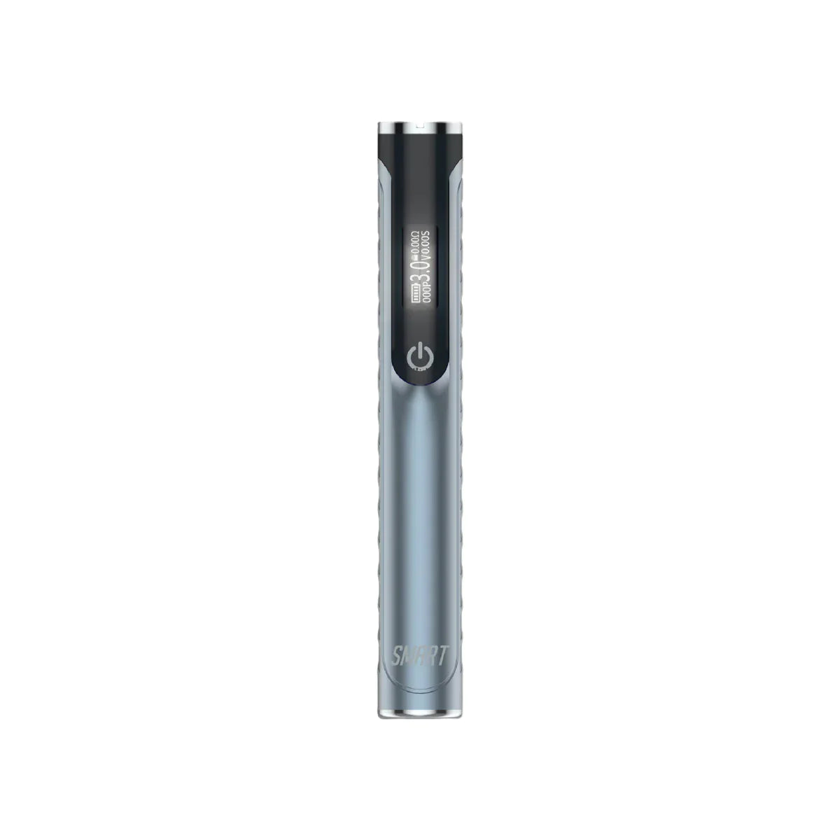 Front view of the Yocan Black Smart 510 Battery in blue. This digital, universal 510-threaded power supply features a zinc-alloy chassis and an embedded OLED screen to visually monitor voltage outputs and session metrics.