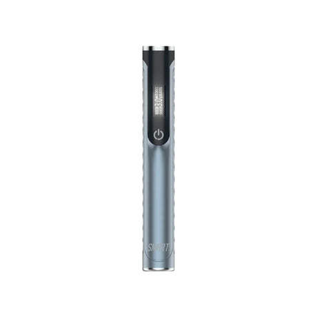 Front view of the Yocan Black Smart 510 Battery in blue. This digital, universal 510-threaded power supply features a zinc-alloy chassis and an embedded OLED screen to visually monitor voltage outputs and session metrics.