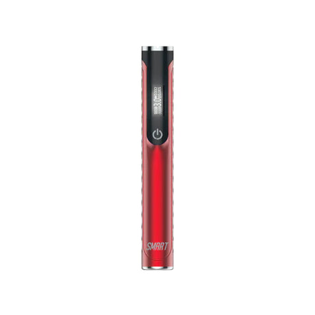 Front view of the Yocan Black Smart 510 Battery in red. This digital, universal 510-threaded power supply features a zinc-alloy chassis and an embedded OLED screen to visually monitor voltage outputs and session metrics.
