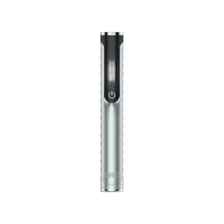 Front view of the Yocan Black Smart 510 Battery in silver. This digital, universal 510-threaded power supply features a zinc-alloy chassis and an embedded OLED screen to visually monitor voltage outputs and session metrics.